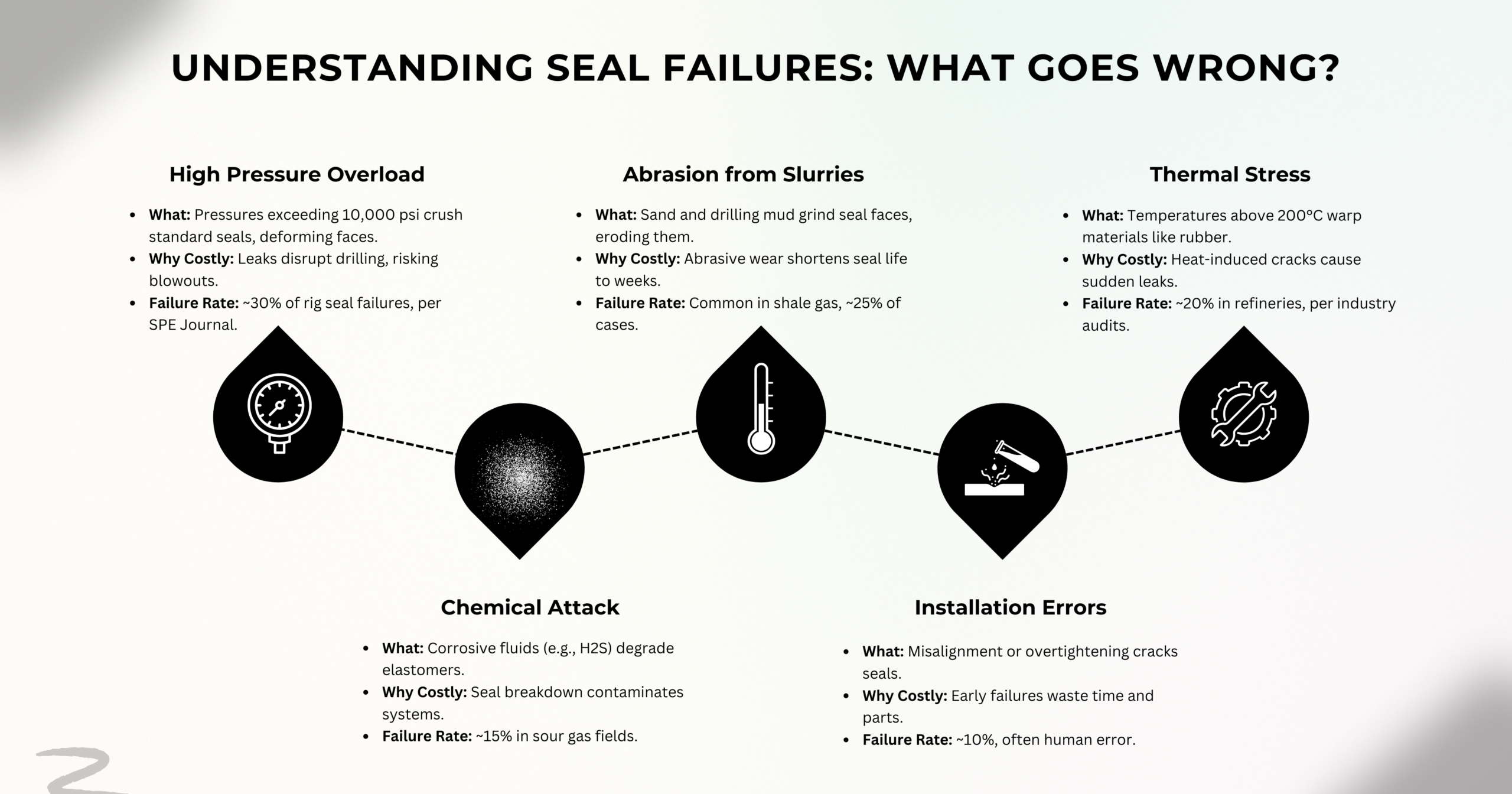 Infographic of seal failure causes in oil and gas sealing solutions.