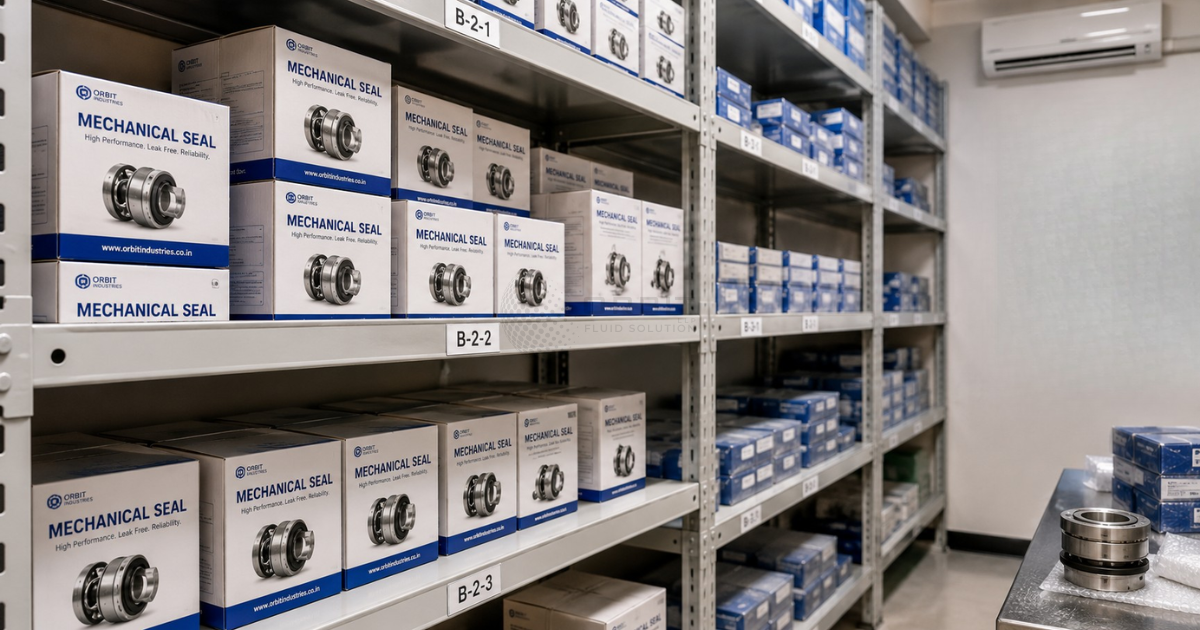 Clean and organized storeroom shelf showing properly stored mechanical seals in original packaging.