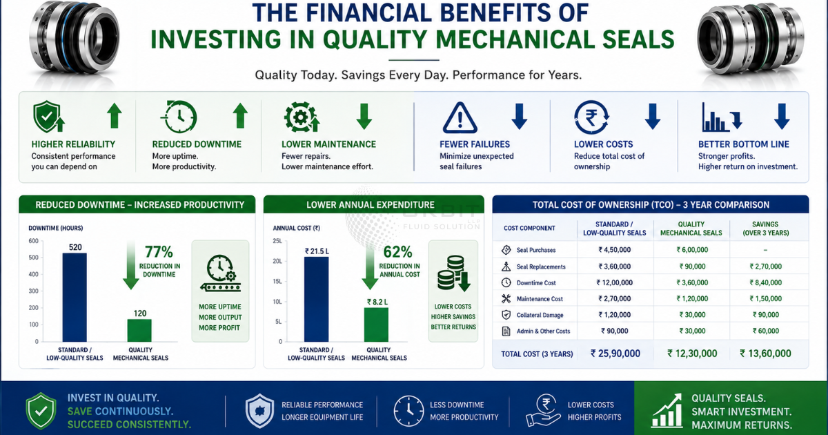 Clean infographic showing the financial benefits of investing in quality mechanical seals.