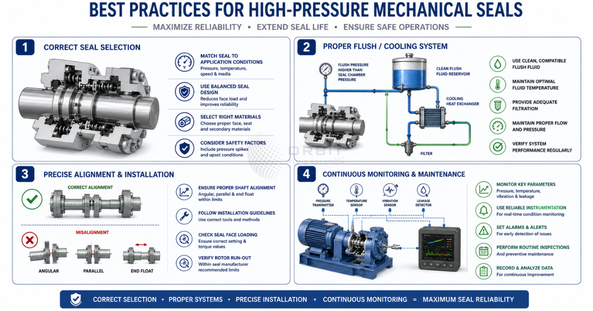 Clean technical illustration showing best practices for high-pressure mechanical seals.
