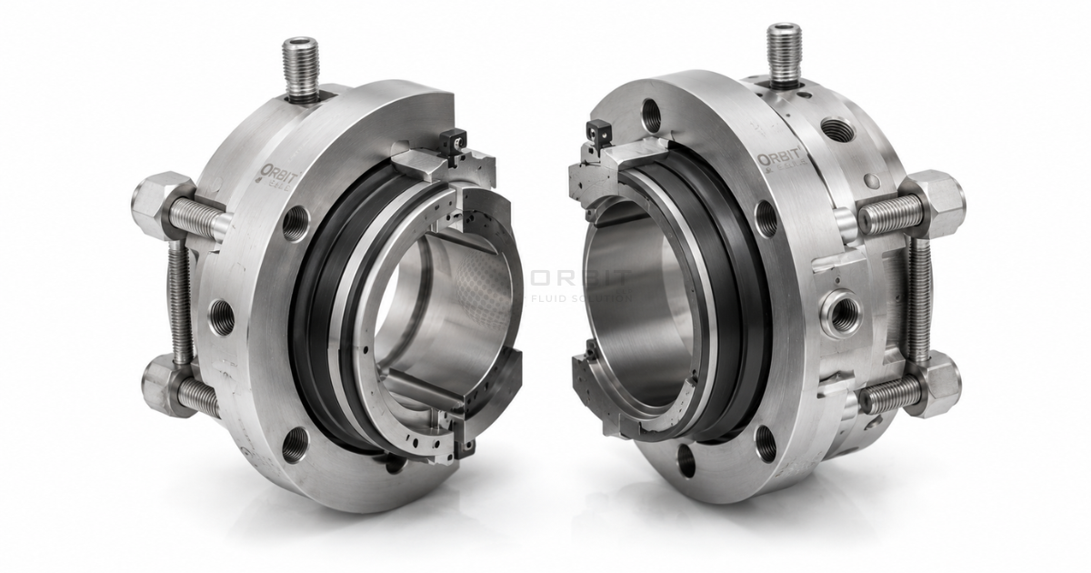 Close-up of a split mechanical seal design showing the two halves