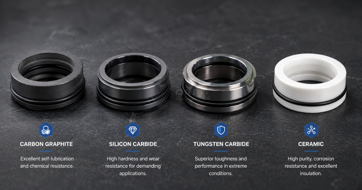 Common mechanical seal face materials – Carbon, Silicon Carbide, Tungsten Carbide, and Ceramic