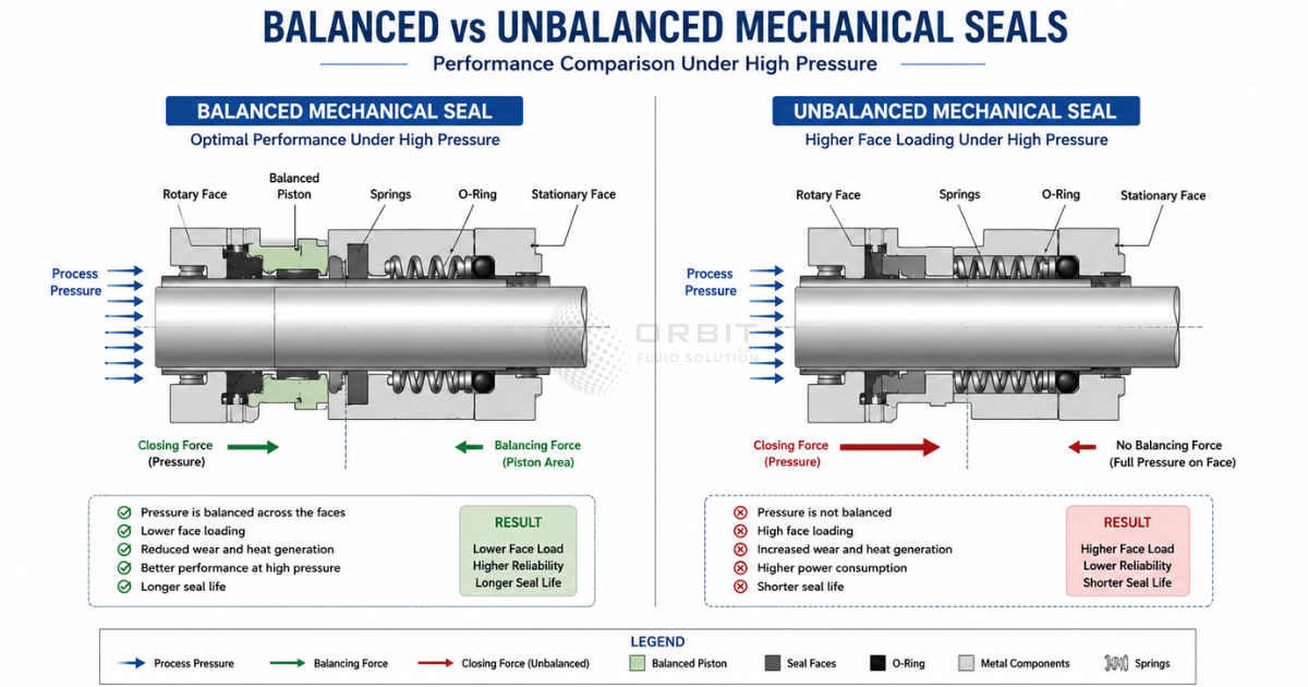 Engineering diagram comparing balanced vs unbalanced mechanical seals under high pressure, with force arrows and labeled components, clean technical illustration style