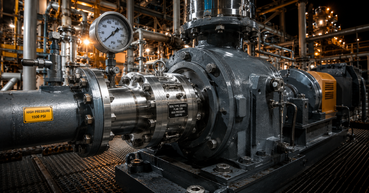 High-pressure industrial pump in an oil & gas facility with mechanical seals under extreme pressure,
