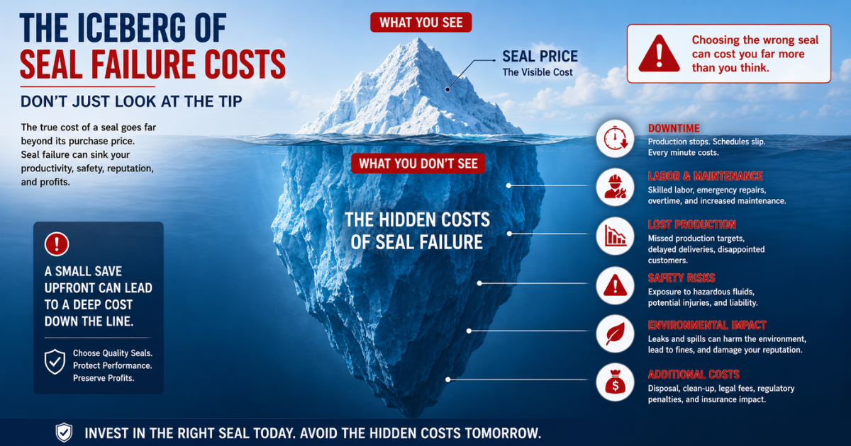 Infographic showing the iceberg of seal failure costs — small visible tip labeled