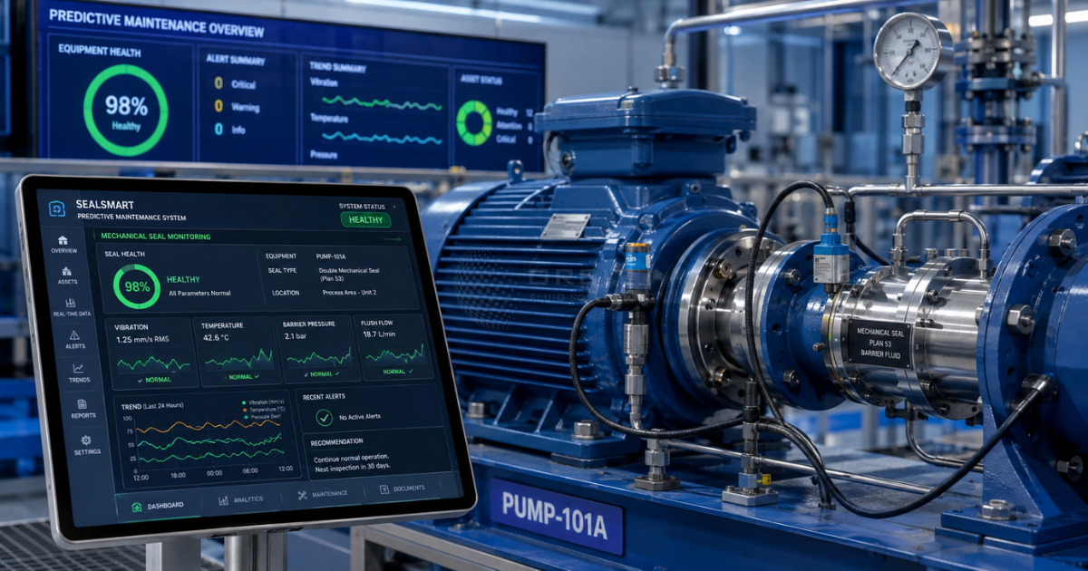 Modern control room or pump skid showing predictive maintenance for mechanical seals.