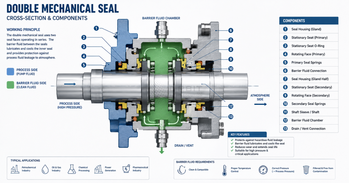 Professional industrial photo of a well-maintained pump with clean mechanical seals