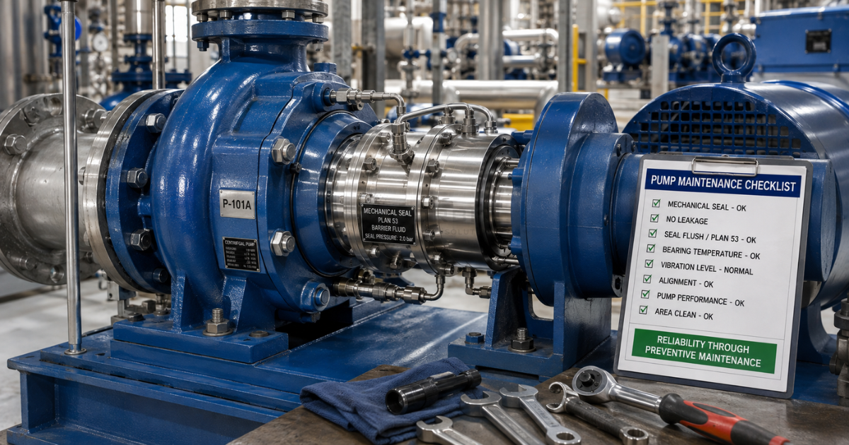 Professional industrial photo of a well-maintained pump with clean mechanical seals