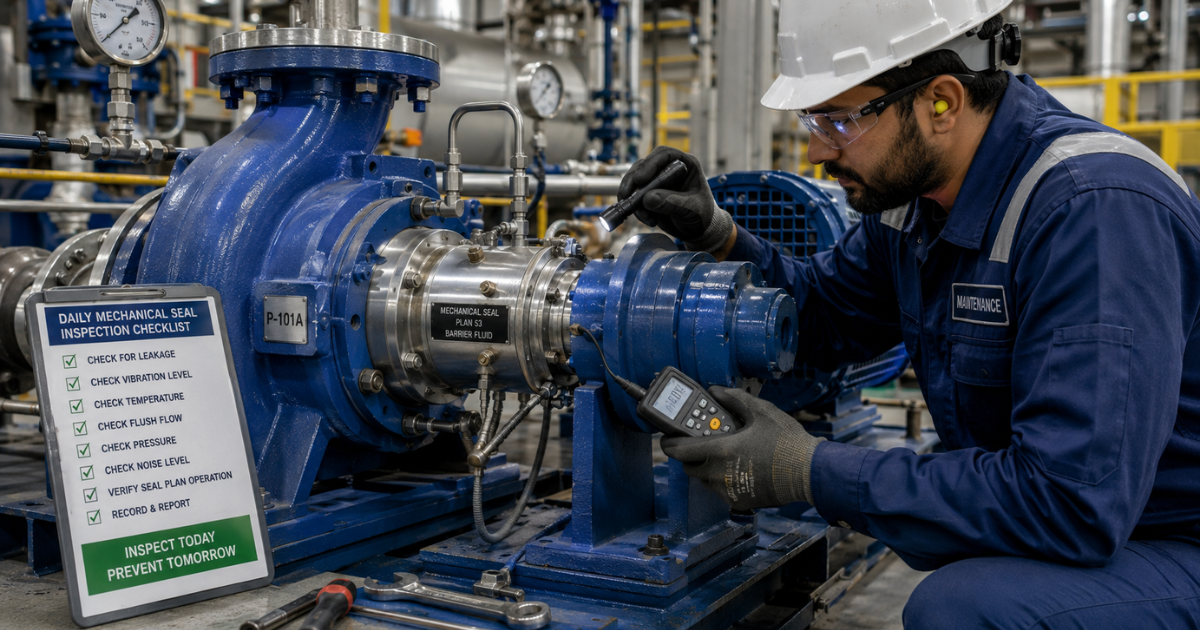 Realistic industrial photo of a maintenance technician performing daily inspection on a mechanical seal of a centrifugal pump.