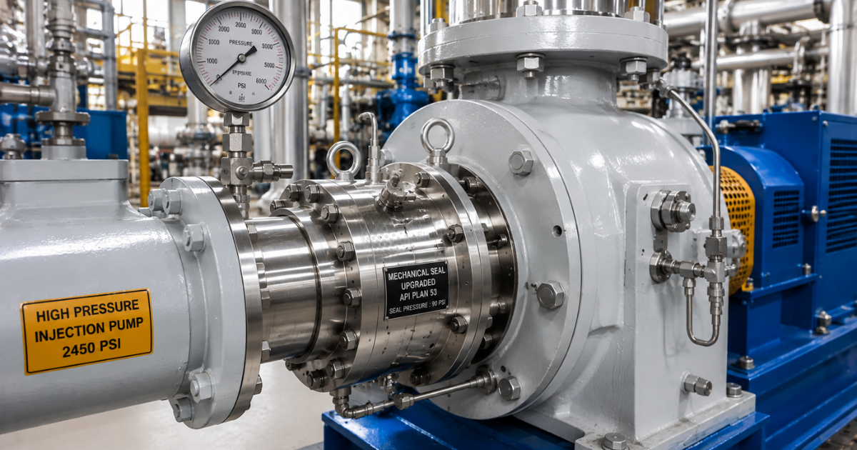 Realistic industrial photograph of a high-pressure injection pump in an oil & gas facility after successful seal upgrade.
