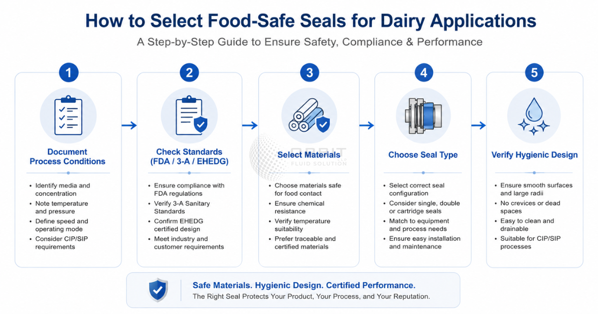 Step-by-step process for selecting food-safe seals for dairy processing