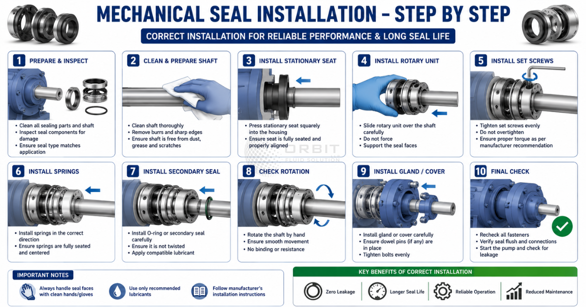 Step-by-step technical illustration of correct mechanical seal installation on a pump shaft