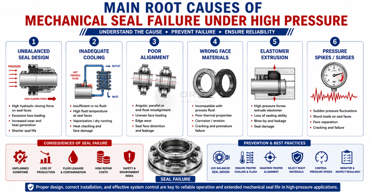 Technical infographic showing the main root causes of mechanical seal failure under high pressure.