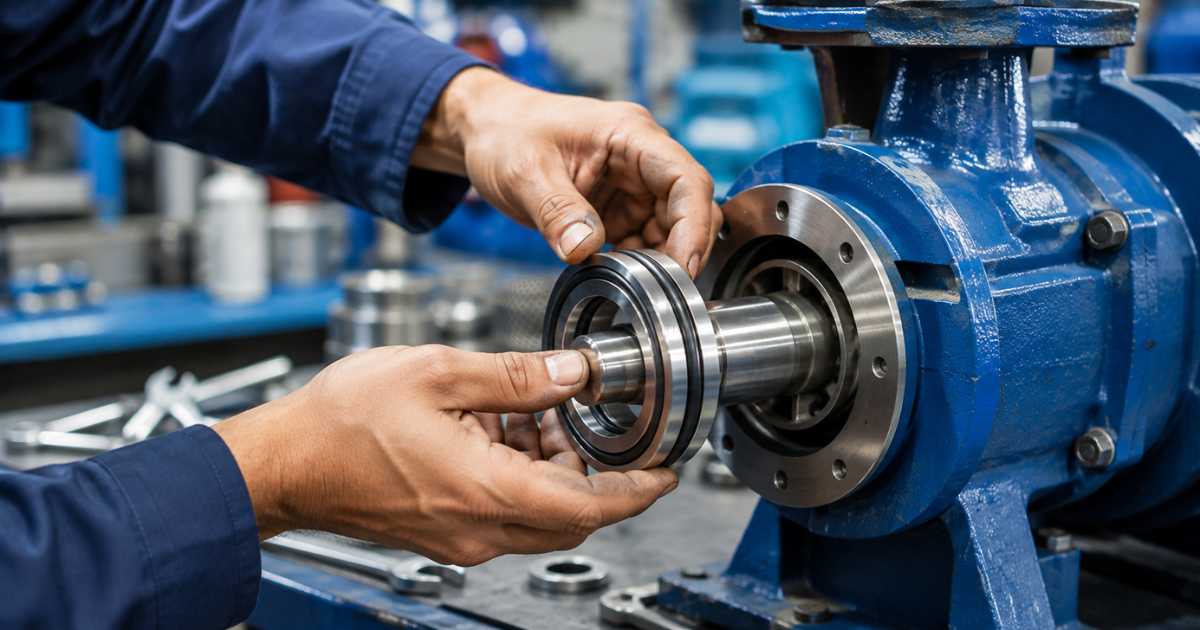 Technician installing a mechanical seal on a pump shaft