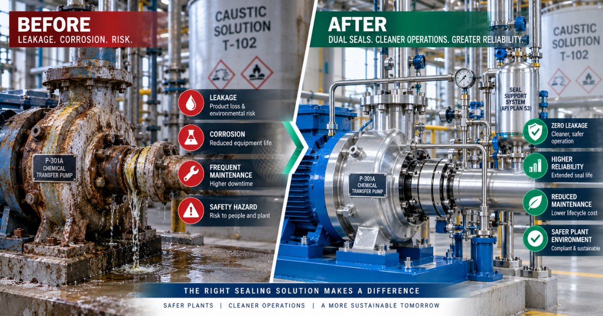 Before and after industrial image Left side shows a problematic chemical pump