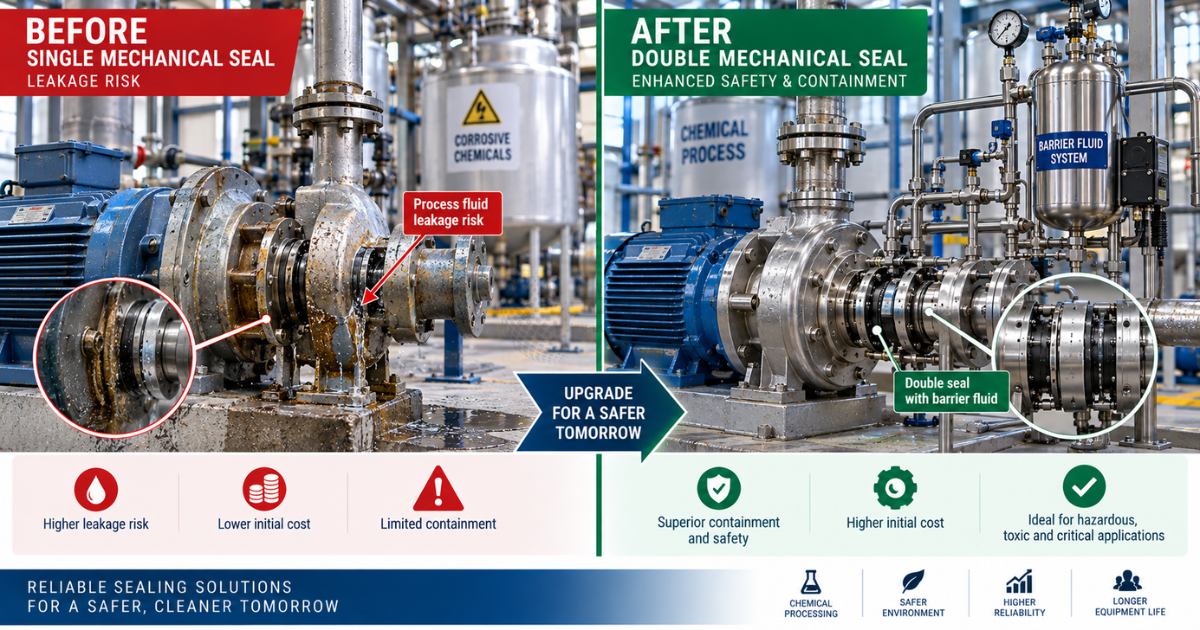 Before and after industrial image Left side shows a single seal installation with potential leakage risk