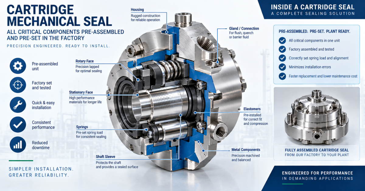 Cutaway technical illustration of a cartridge mechanical seal highlighting