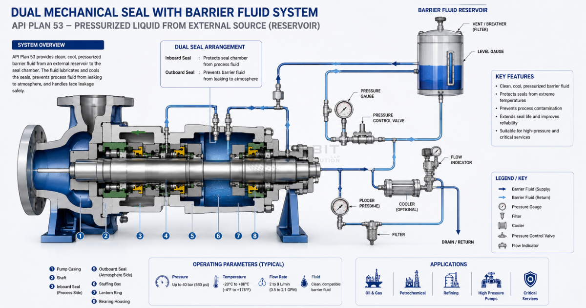 Detailed technical illustration of a dual mechanical seal installed on a high-pressure pump
