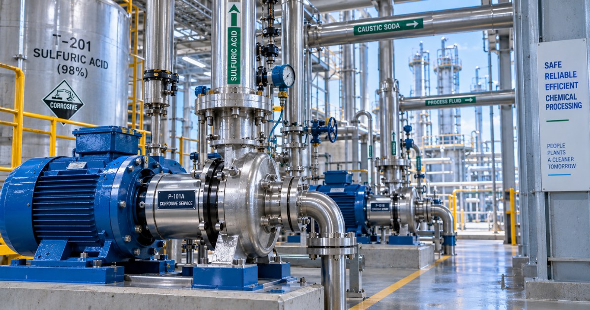 Industrial chemical processing plant with pumps handling corrosive fluids