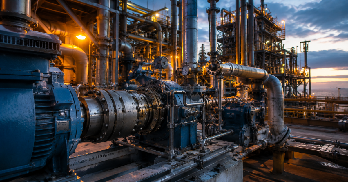 Industrial oil and gas facility with high-pressure pumps and mechanical seals,