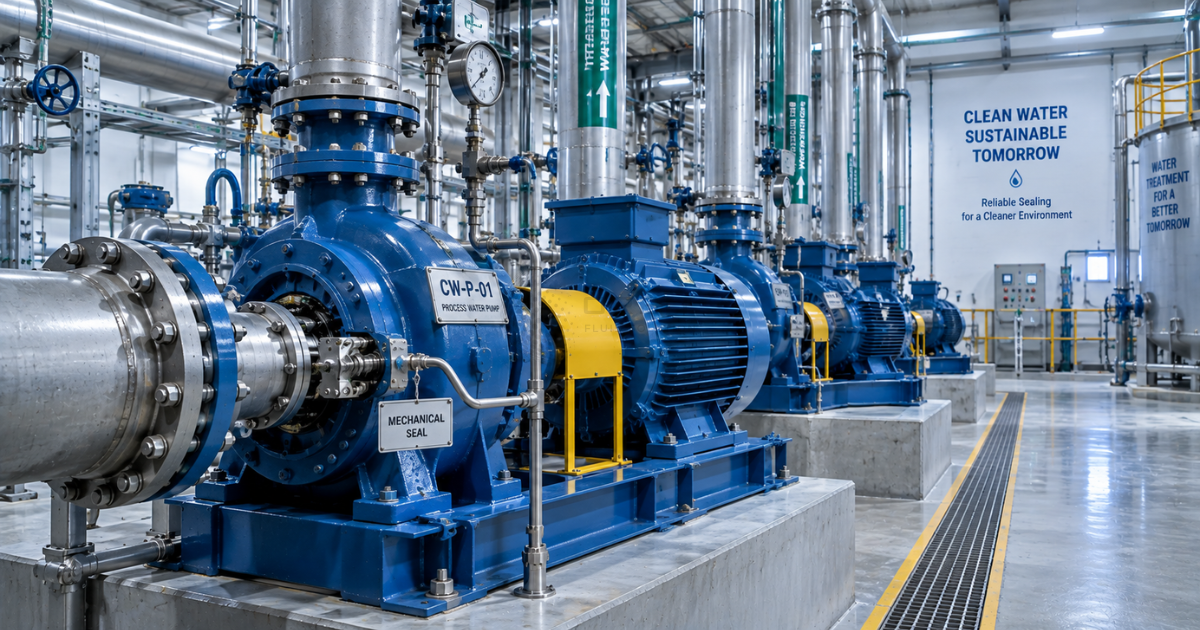 Modern water treatment plant pump room with large pumps and mechanical seals