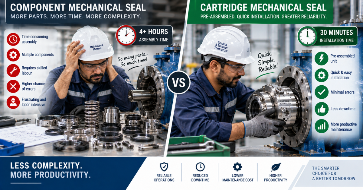 Split-image style illustration Left side shows a technician spending long time