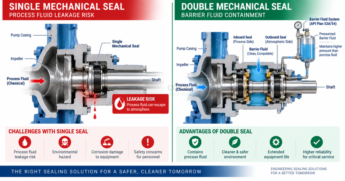 Split-image technical illustration Left side shows a single mechanical seal with process fluid leakage risk