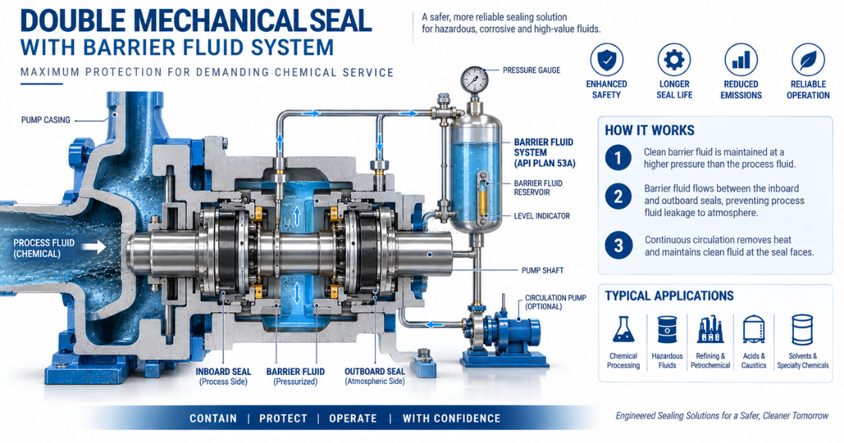 Technical cross-section illustration of a double mechanical seal