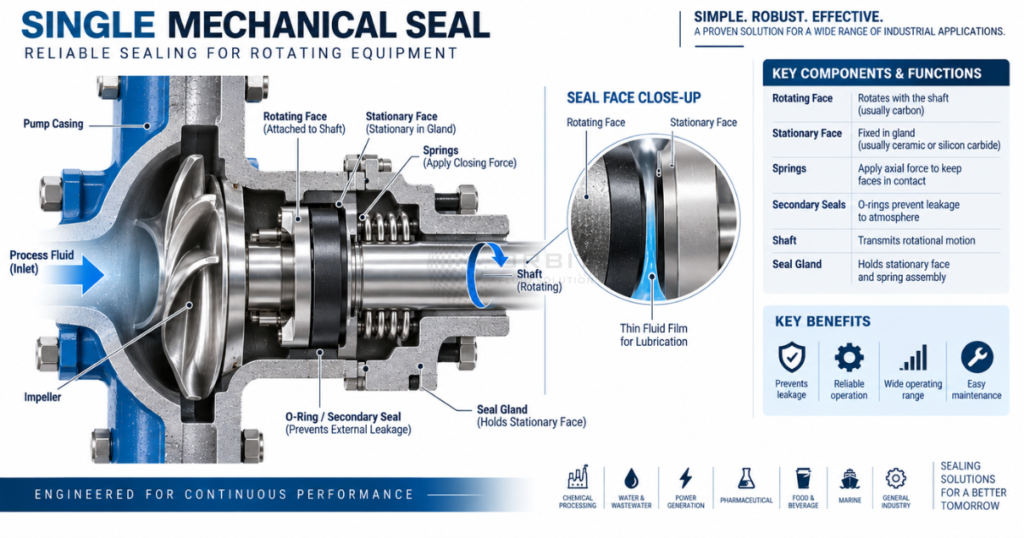 Technical cross-section illustration of a single mechanical seal showing rotating face,