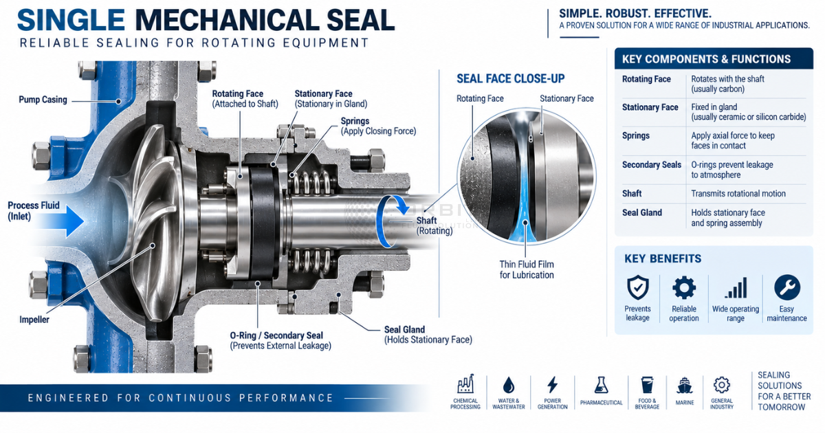 Technical cross-section illustration of a single mechanical seal showing rotating face,