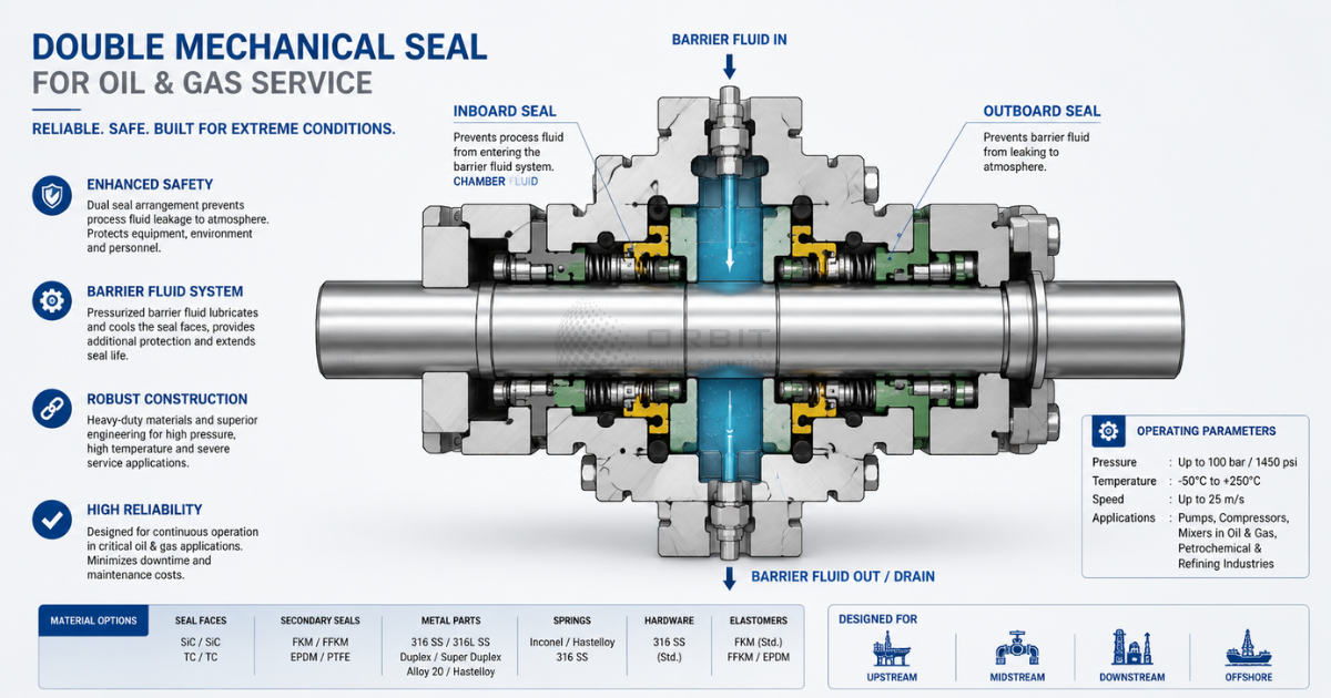 Technical cross-section of a double mechanical seal designed for oil and gas service,
