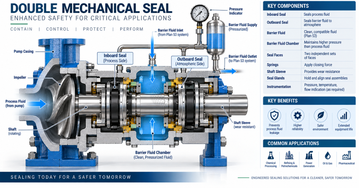 Technical cross-section of a double mechanical seal showing two sets of faces