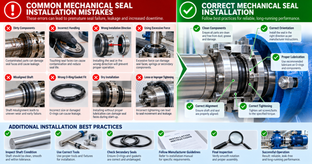 Technical illustration showing common mechanical seal installation mistakes
