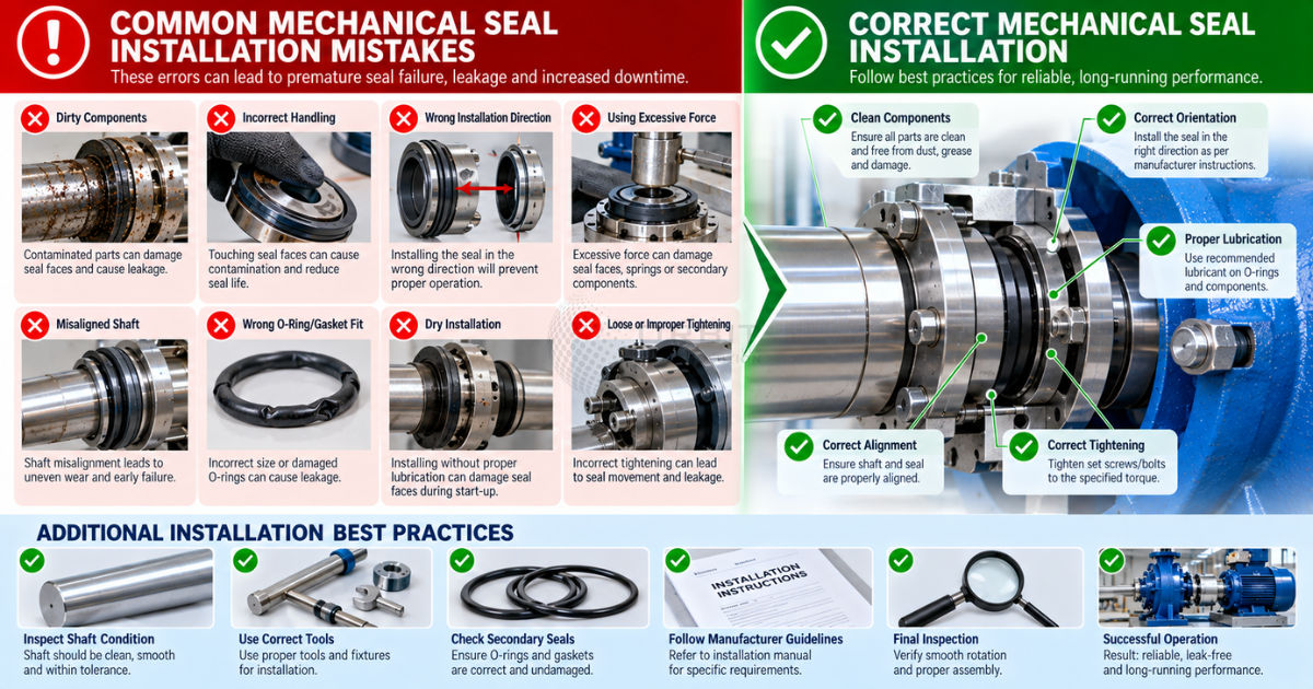 Technical illustration showing common mechanical seal installation mistakes