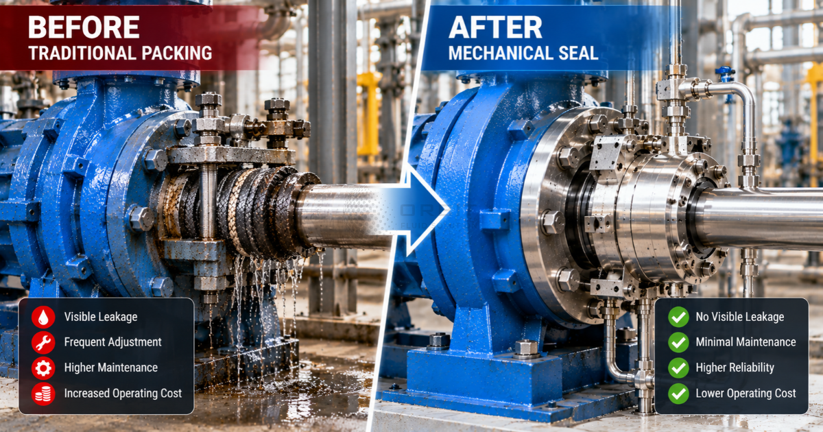 Before and after industrial image Left side shows a pump stuffing box with traditional packing