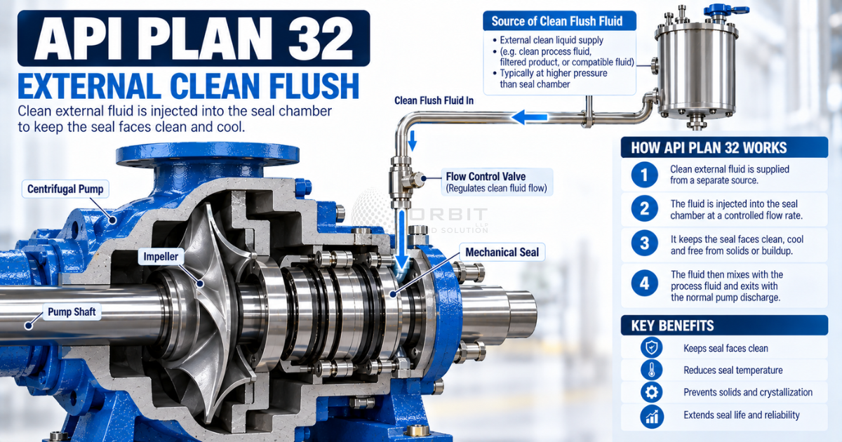 Clear technical diagram of API Plan 32 showing external clean flush fluid being injected
