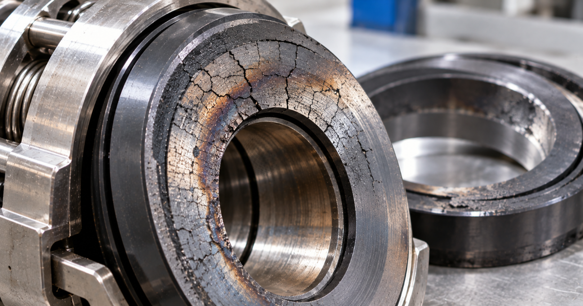 Close-up of a mechanical seal face showing thermal cracking