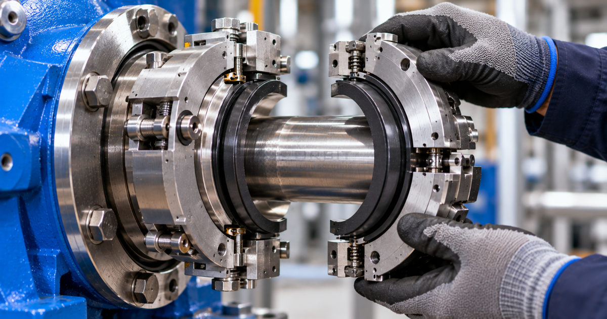 Detailed close-up technical photo of the two halves of a split mechanical seal