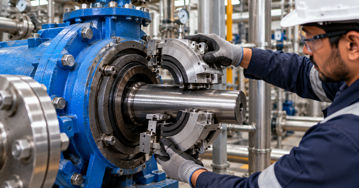 Industrial photo showing a large pump in a plant with a split mechanical seal