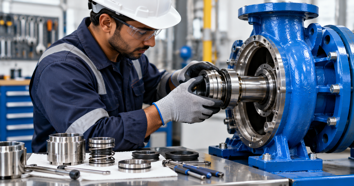 Professional industrial photo of a technician carefully installing a mechanical seal