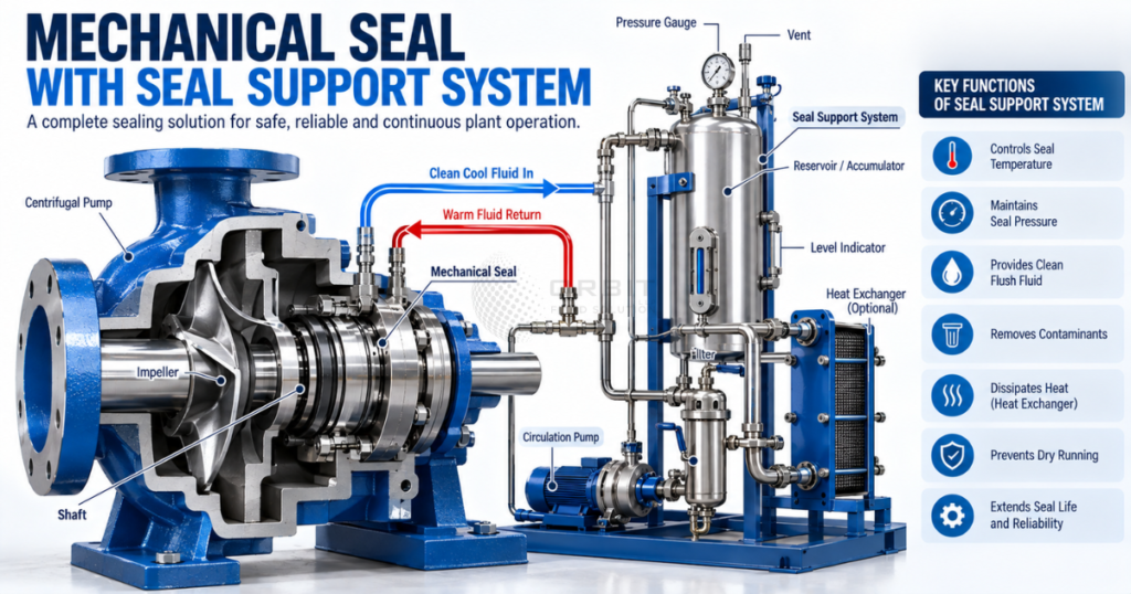 Professional technical illustration of a mechanical seal with a seal support system,