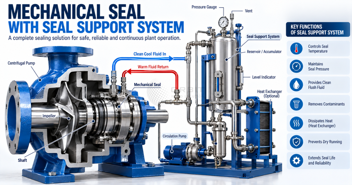 Professional technical illustration of a mechanical seal with a seal support system,