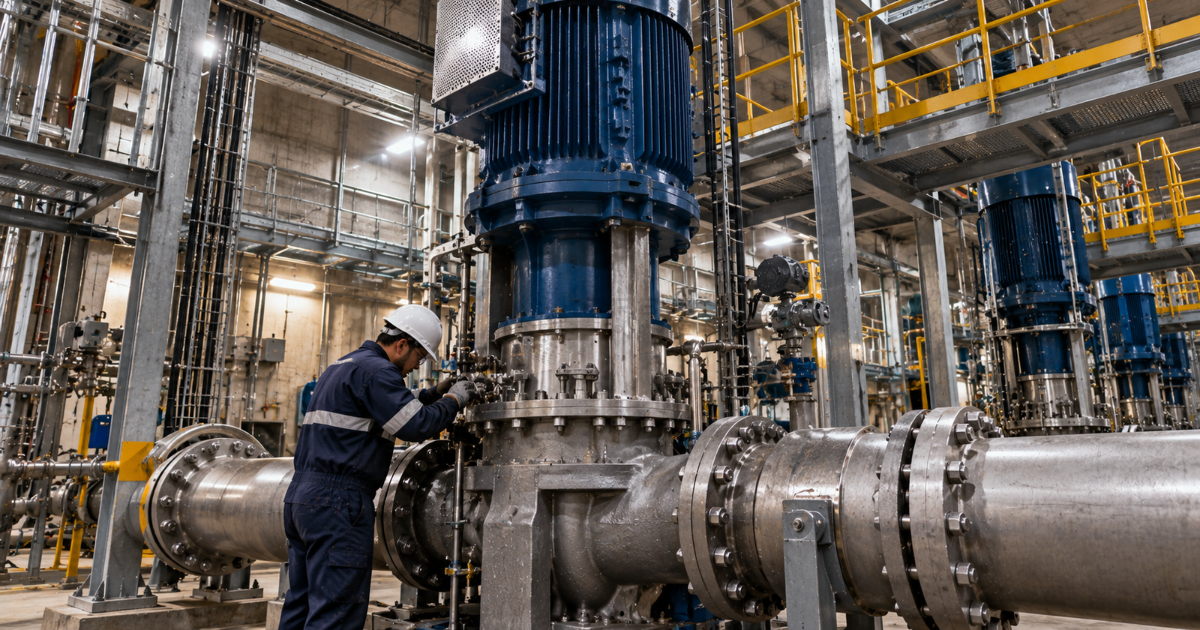 Realistic photo of a large vertical pump in an industrial plant