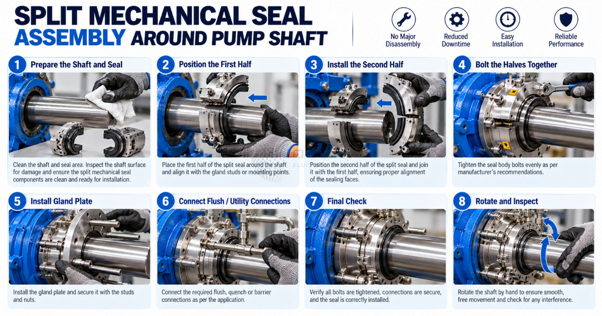 Step-by-step style technical illustration of a split mechanical seal being assembled