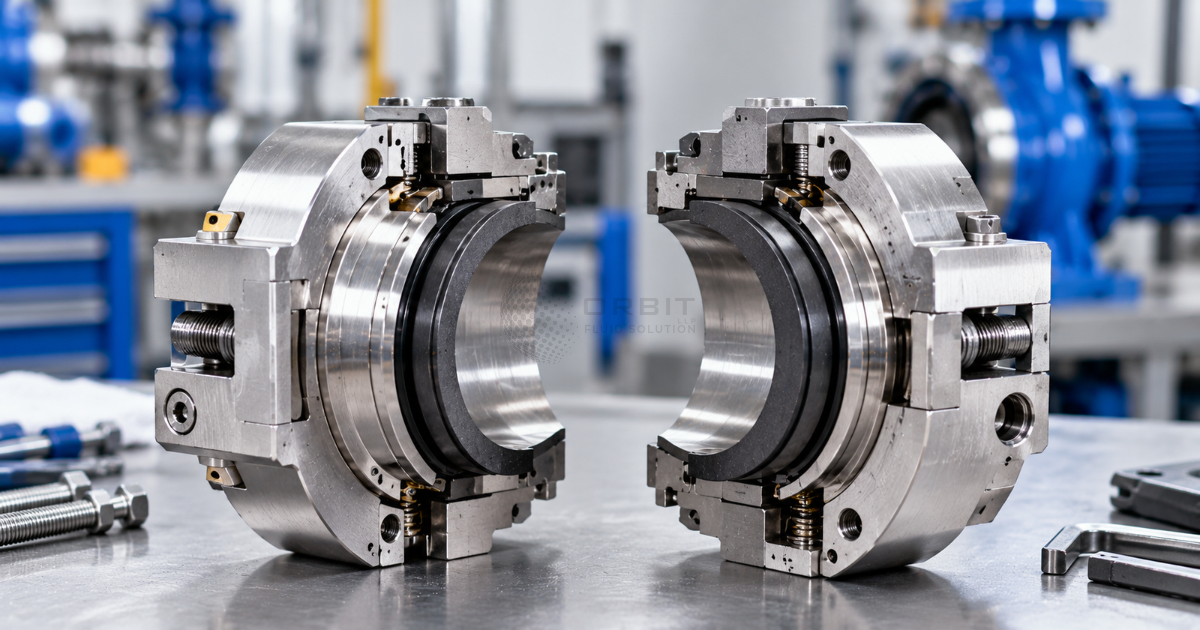 Technical product photo of a split mechanical seal showing the two halves clearly separated
